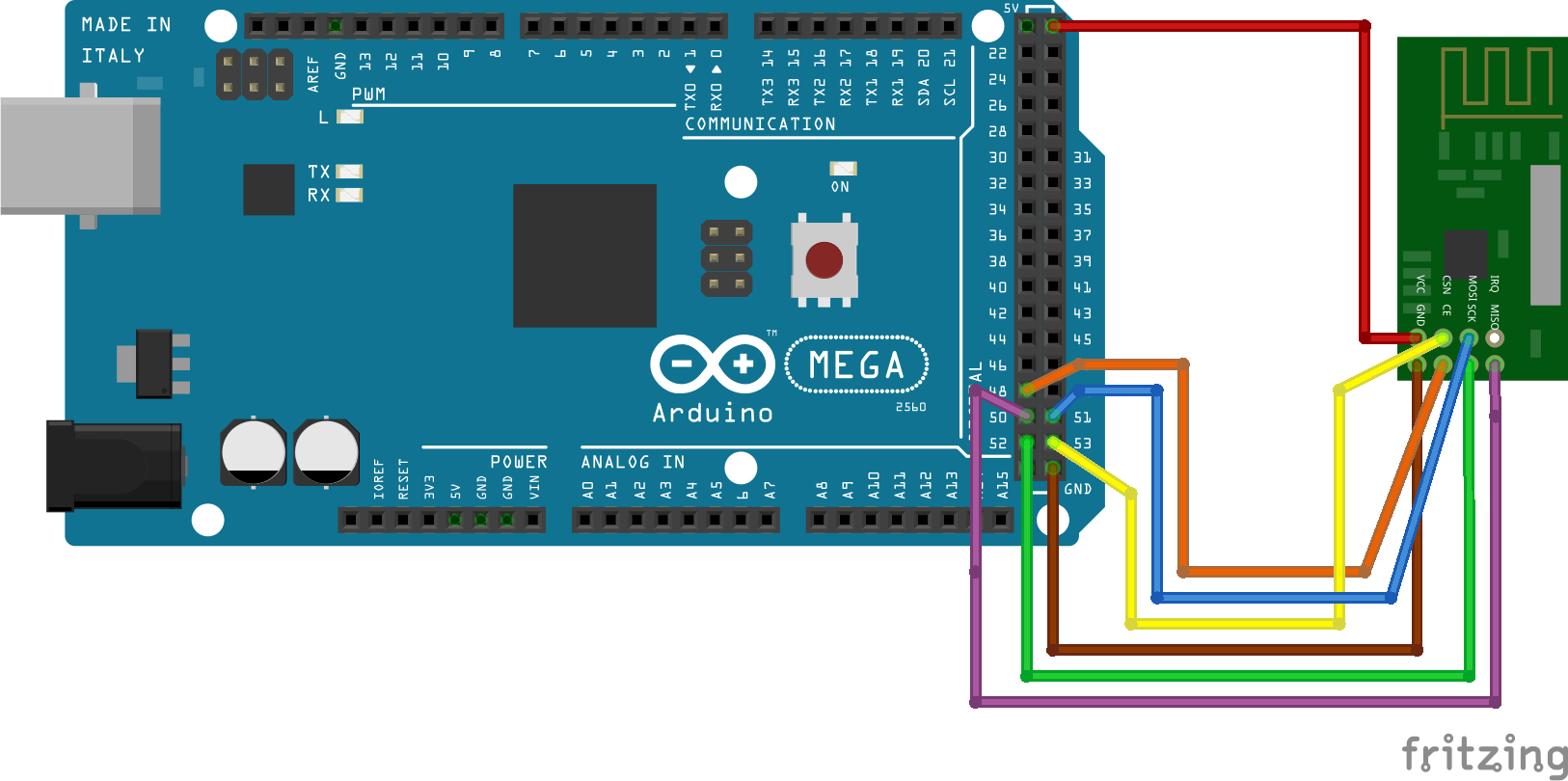 Schema di collegamento tra NRF24L01 Wireless Module e Arduino Mega 2560 R3
